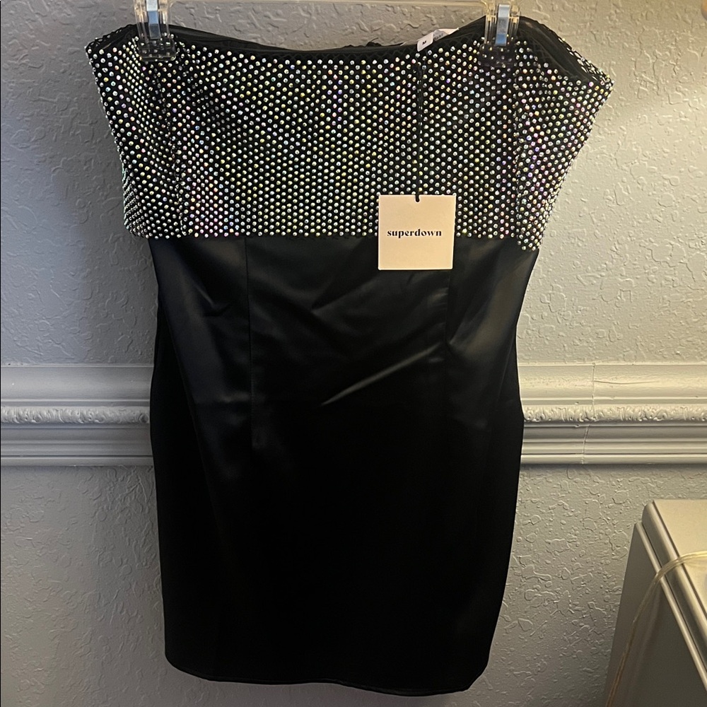NWT Superdown Revolve Strapless Black and Silver Rhinestone Dress, sz medium